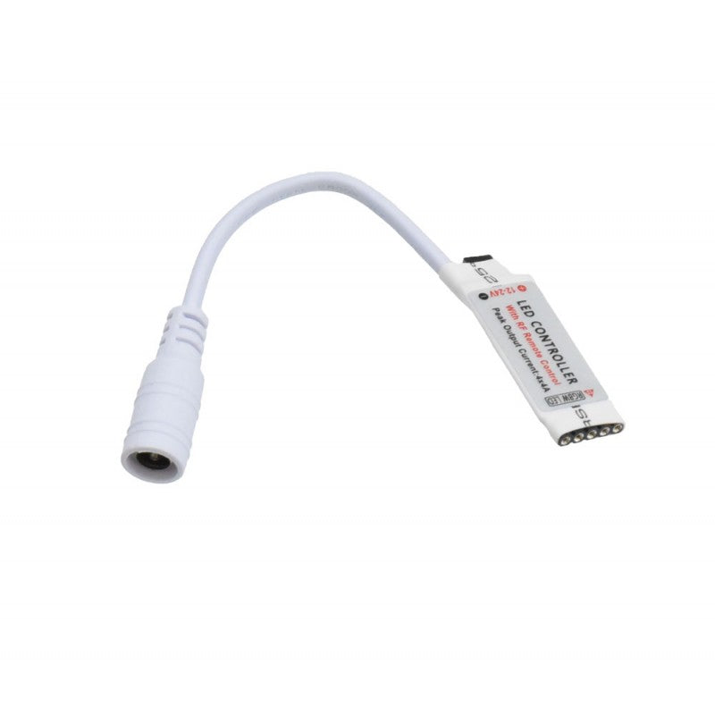 Controller mini RGBW cu mufa DC si cablu alb, vedere laterala detaliata
