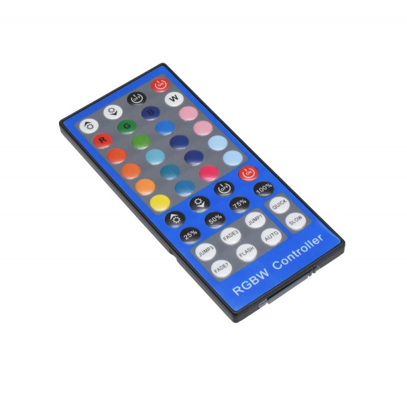Telecomanda IR RGBW 40 taste cu butoane multicolore, vedere frontala in unghi