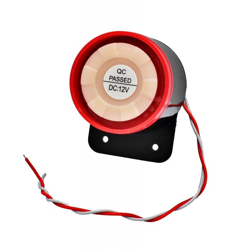 Sirena alarma compacta 12V DC cu eticheta QC Passed, vedere frontala cu bracket de montaj
