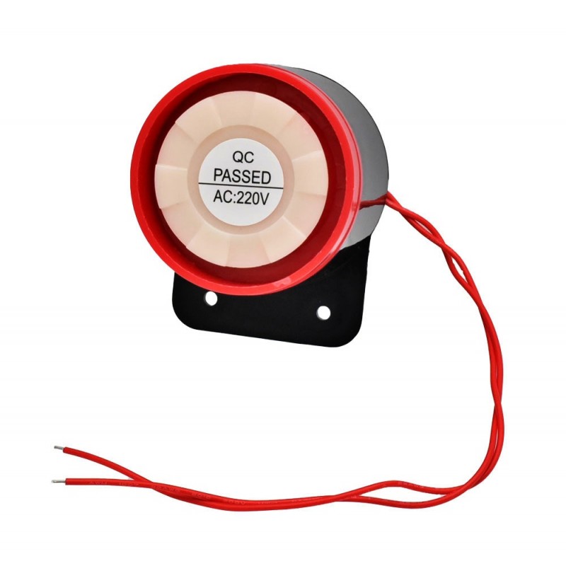 Sirena alarma 220V AC vedere frontala cu eticheta QC si suport metalic de prindere