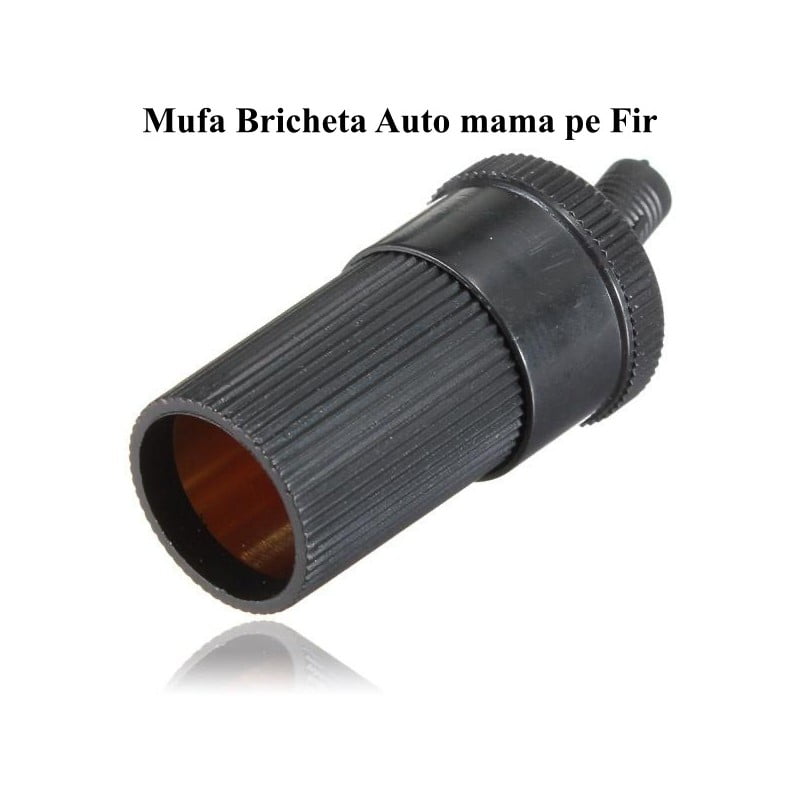 Mufa bricheta auto mama pe fir 12V-24V, vedere frontala cu deschidere cupru si corp plastic striat negru