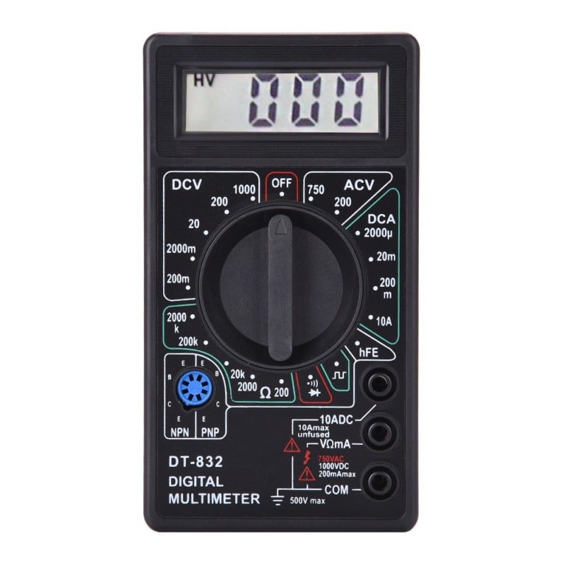 Multimetru digital vedere frontala, selector rotativ cu domenii DCV, ACV, DCA si rezistenta 2000k Ohm