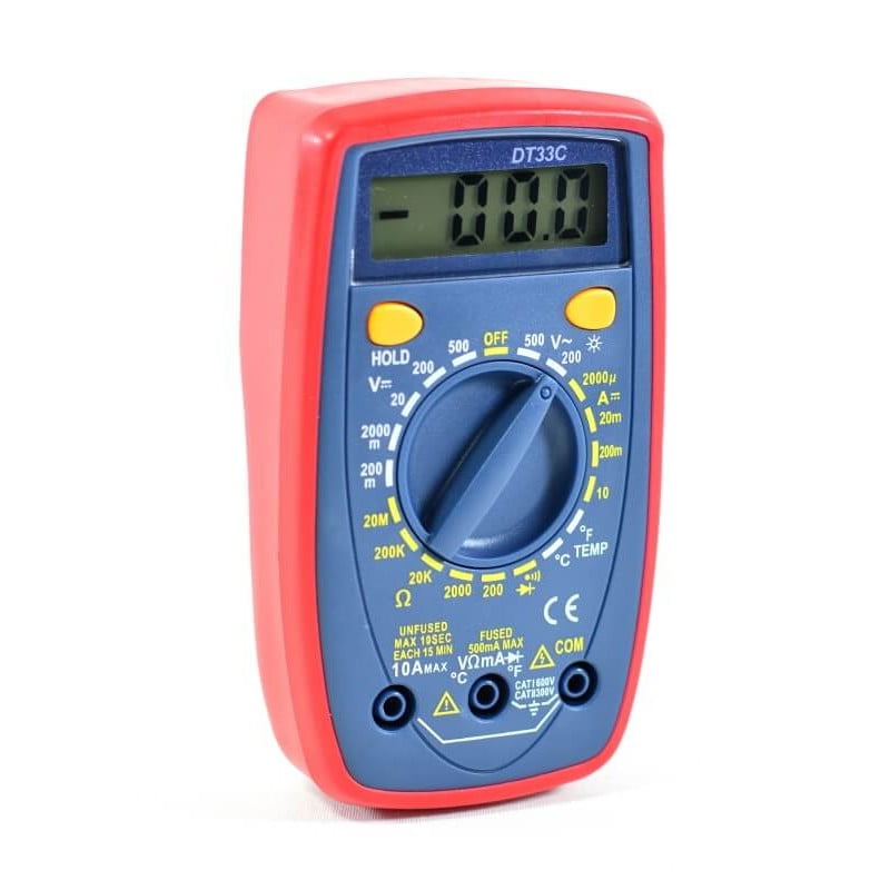 Multimetru digital compact, selector rotativ multifunctional si ecran LCD cu retroiluminare, vedere laterala