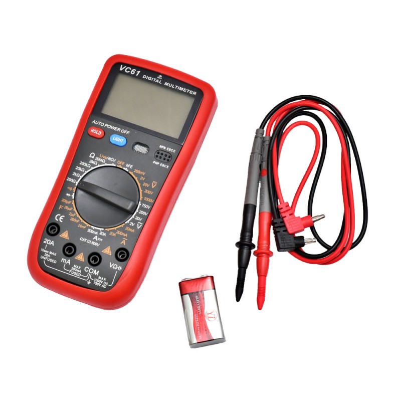 Multimetru digital CAT III 600V, vedere de sus cu accesorii complete si baterie 9V