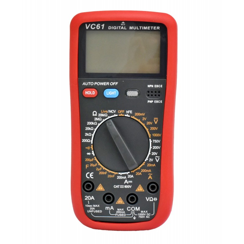 Multimetru digital 20A 750V AC, panou frontal cu cadran rotativ si butoane HOLD si LIGHT