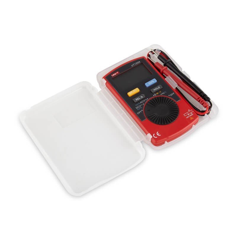 Multimetru digital portabil in carcasa rigida transparenta de protectie, cu sonde depozitate