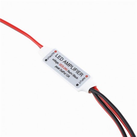 Mini-amplificator LED monocrom cu fire, tensiune 5V-24V, iesire 12A, corp compact 42x12x3mm