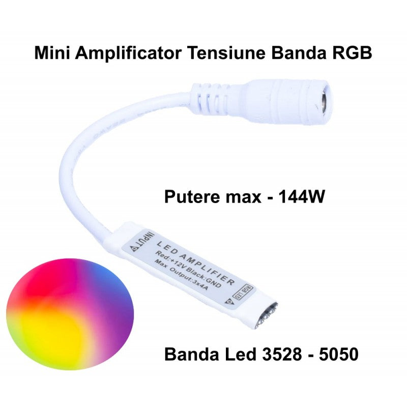 Amplificator mini RGB pentru banda LED, putere maxima 144W, compatibil 3528-5050, conector DC