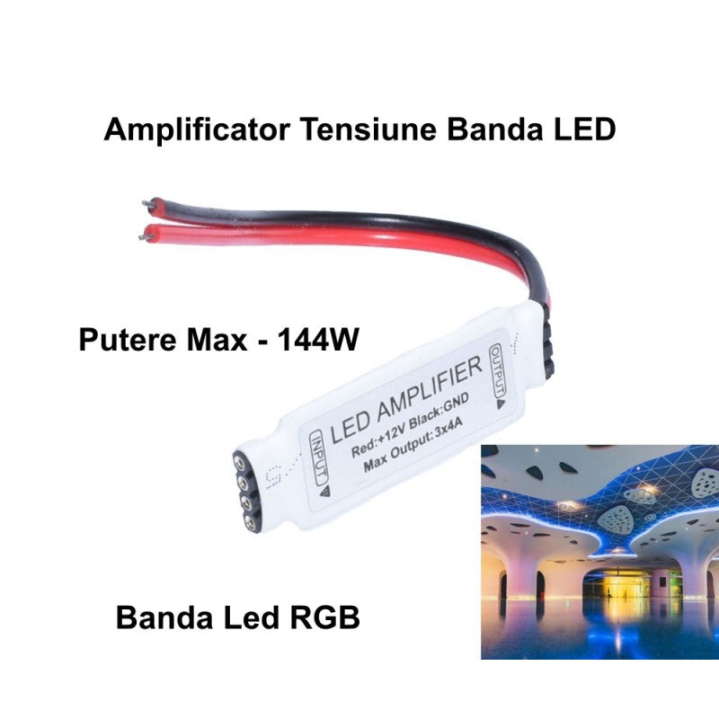 Amplificator banda LED RGB 12V, putere maxima 144W, compatibil benzi 3528 si 5050