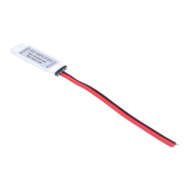 Amplificator LED RGB 12V cu fire lungi de conectare, vedere laterala cu conectori PIN
