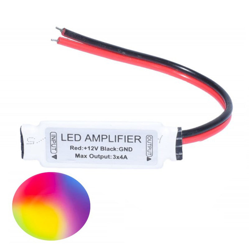 Mini amplificator RGB pentru banda LED 12V, iesire maxima 3x4A, 144W, cu fire de conectare