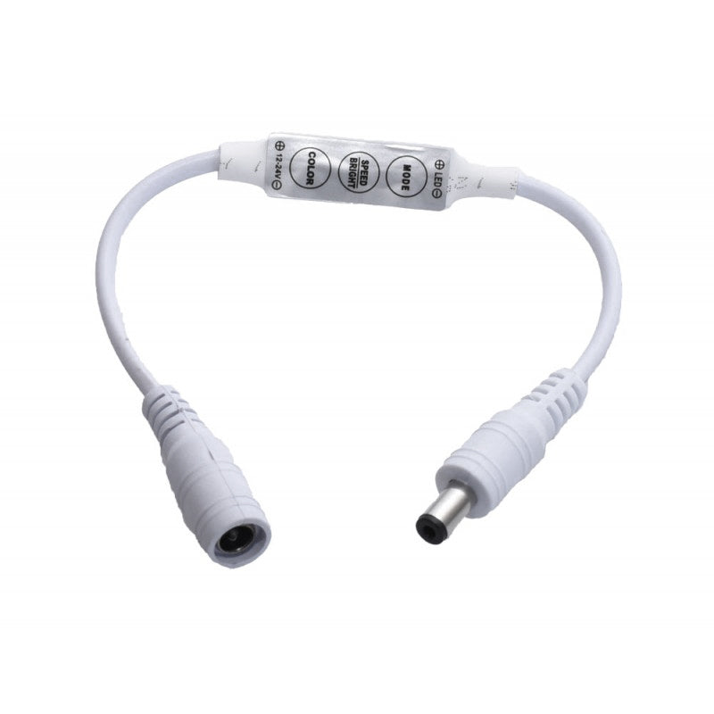 Controller LED monocolor cu mufa mama si tata DC, vedere din fata cu butoanele vizibile