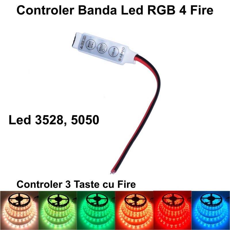 Controler mini RGB cu fire, compatibil benzi LED 3528 si 5050, afisaj culori disponibile