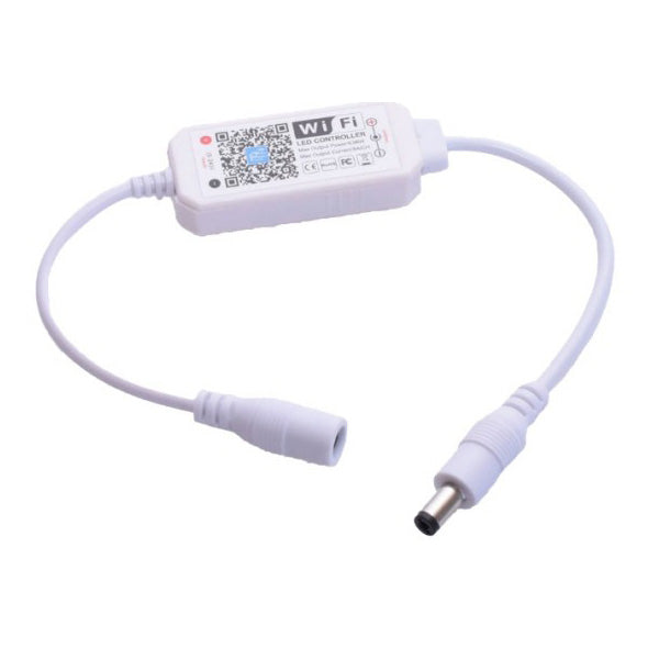 Mini-controller LED monocolor Wi-Fi, tensiune 5-24V DC, conexiune inline cu mufa DC, alb compact