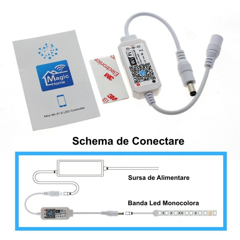 Continut pachet controller LED Wi-Fi cu schema de conectare inline intre sursa de alimentare si banda LED