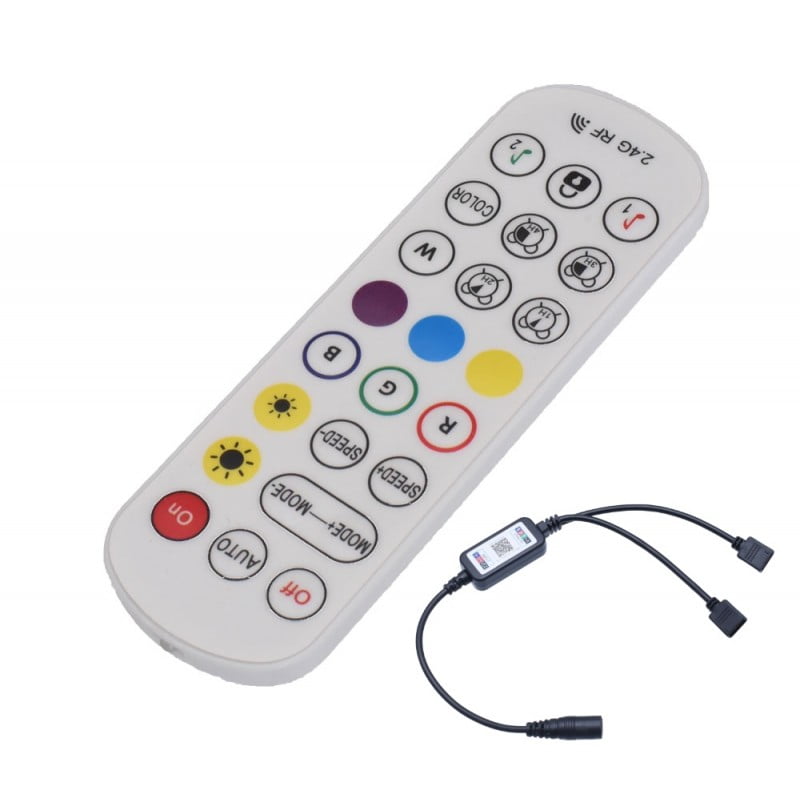 Controller RGB cu telecomanda 2.4G RF 24 taste, vedere laterala inclinata cu unitatea de control