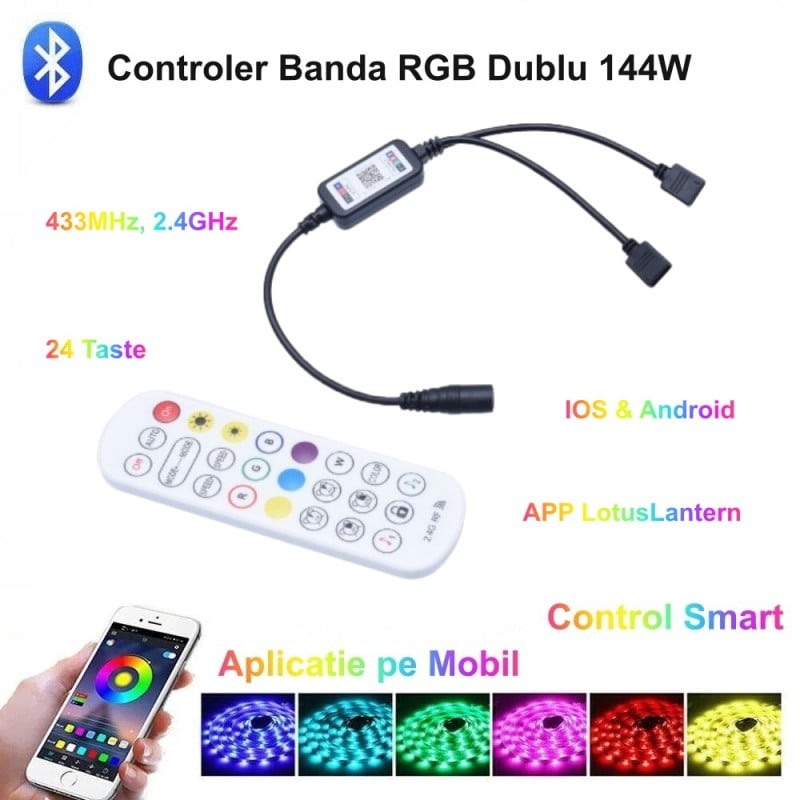 Controller banda RGB dublu 144W cu Bluetooth, telecomanda 24 taste si control prin aplicatie mobil