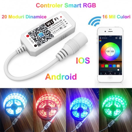 Controller smart RGB Wi-Fi cu 20 moduri dinamice si 16 milioane culori, compatibil Android si iOS