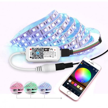 Controller RGB Wi-Fi conectat la banda LED multicolora, controlat din aplicatie pe telefon