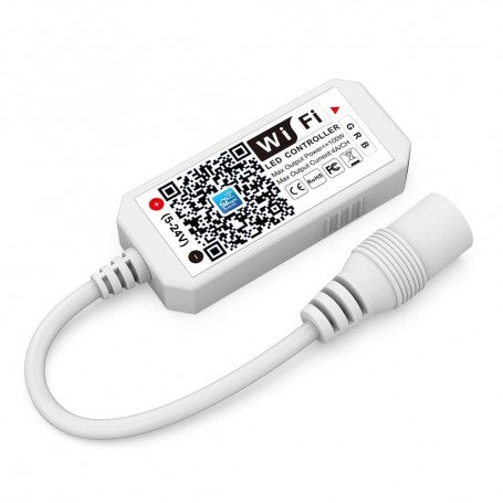 Controller LED RGB Wi-Fi compact, tensiune 5-24V, vedere frontala cu cod QR si indicator LED