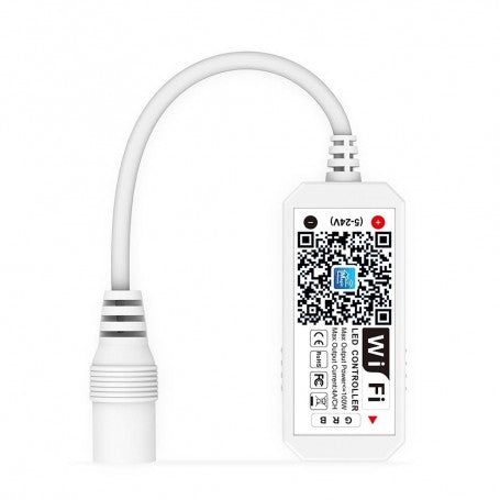 Controller LED RGB Wi-Fi, vedere spate cu borne R G B si specificatii tensiune 5-24V