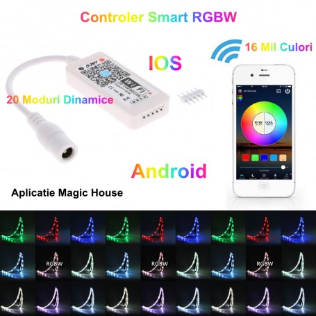 Controler smart RGBW Wi-Fi cu 20 moduri dinamice si 16 milioane culori, control prin aplicatie