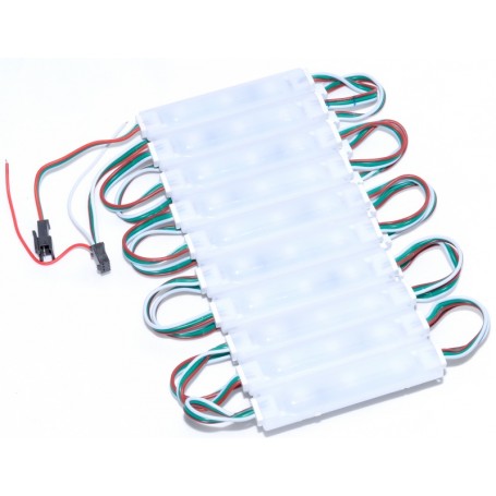 Module LED RGB 12V grupate frontal, constructie injectata IP65, vedere detaliata a conectorilor