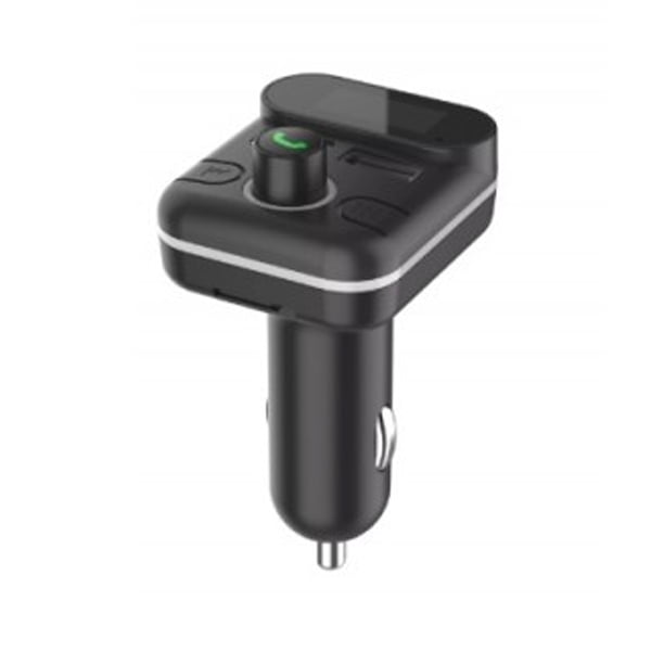 Modulator FM auto negru compact, vedere laterala cu buton handsfree verde si mufa bricheta