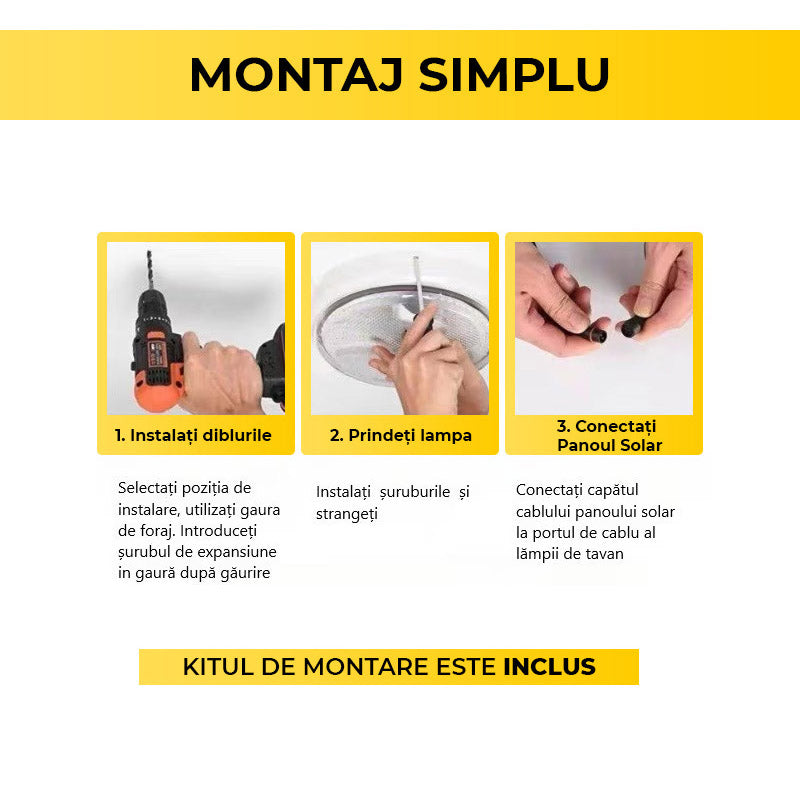 Ghid montaj in 3 pasi pentru plafoniera solara LED: diburi, fixare lampa, conectare panou solar