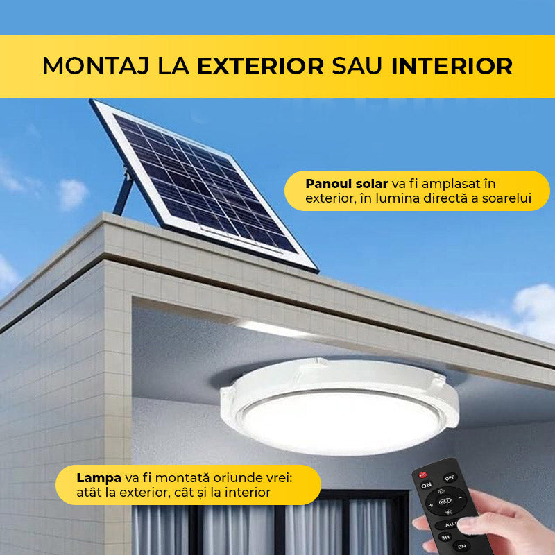 Plafoniera solara rotunda montata pe exterior cu panou solar pe acoperis si telecomanda in mana