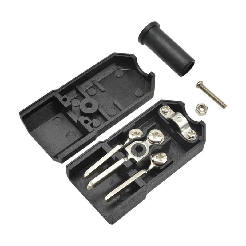 Conector IEC C14 tata dezasamblat, componente vizibile: carcasa, pini metalici, suruburi si manson cauciuc