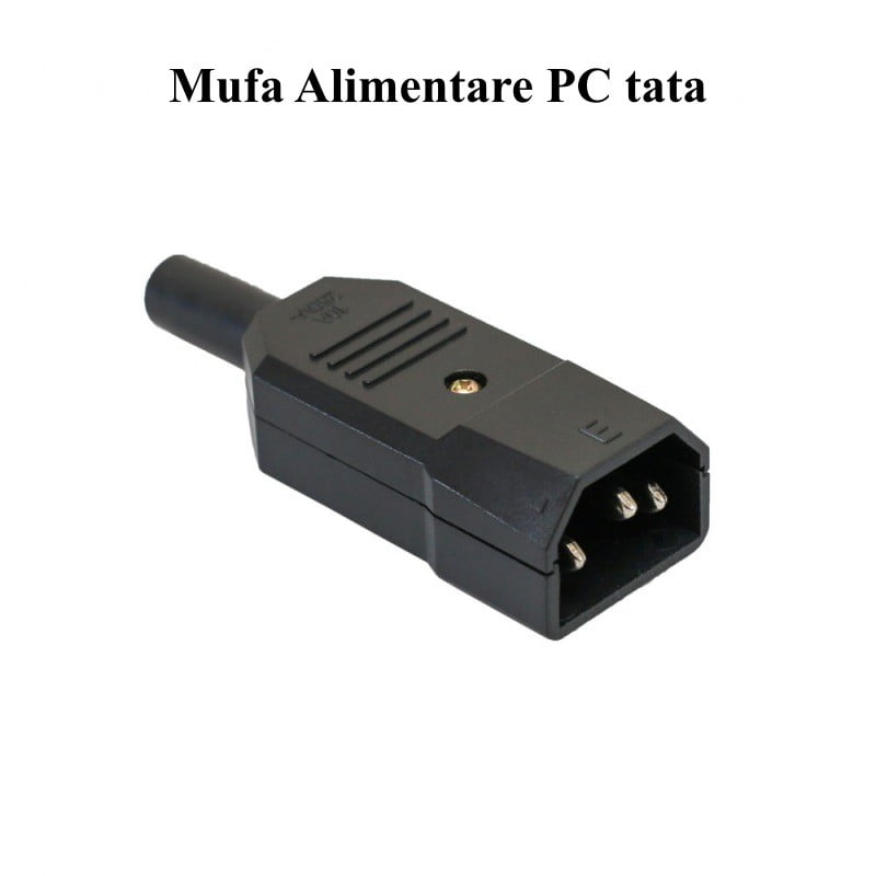 Conector IEC C14 tata pe fir, 10A 250V, vedere laterala cu intrare cablu si pini de conectare
