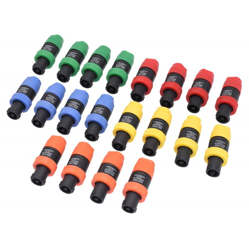 Conectori Speakon 4 pini colorati dispusi in grup, vedere laterala cu detaliu pe corp negru si capac colorat