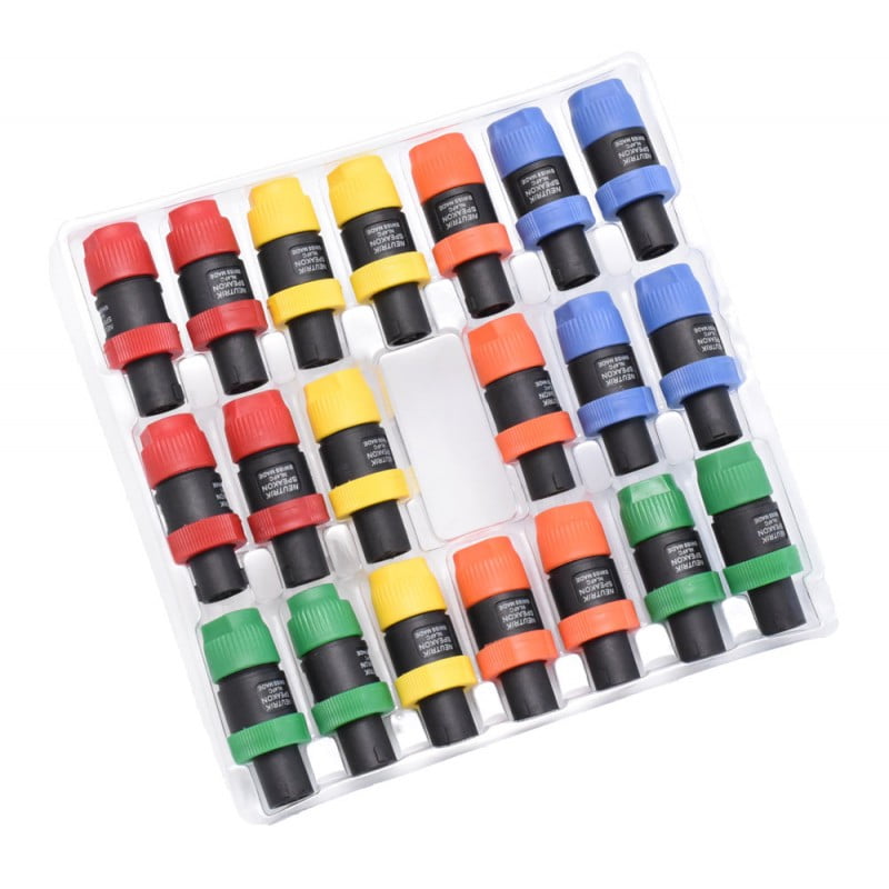 Set 20 mufe Speakon tata 4 pini, 5 culori (rosu, verde, albastru, galben, portocaliu), tip NF4FC, aranjate in tava