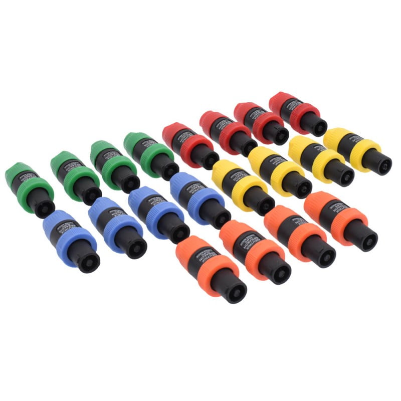 Mufe Speakon tata 4 pini in 5 culori, aliniate in randuri paralele, vedere din lateral pe fond alb