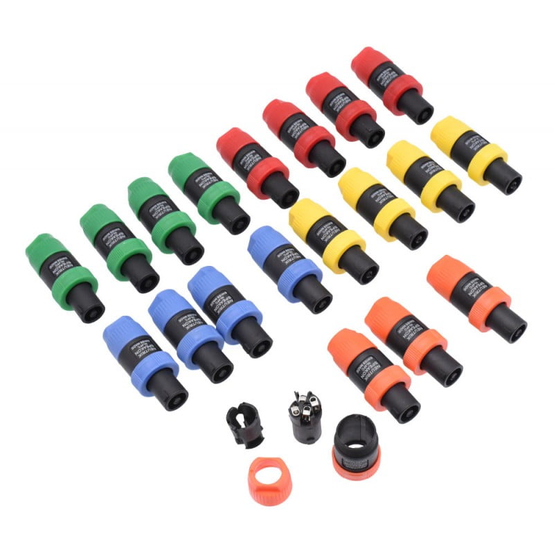 Set conectori Speakon 4 pini cu accesorii de montaj incluse: colier cablu, contacte si inel de blocare portocaliu