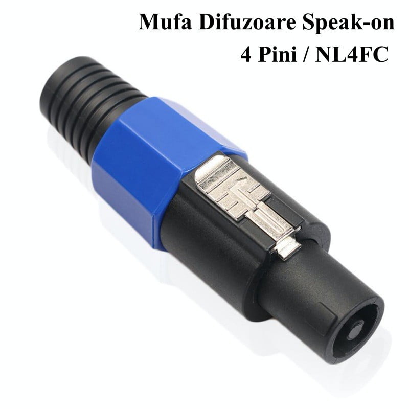 conector speakon tata NL4FC 4 pini cu clema de blocare vizibila, unghi frontal pe fond alb