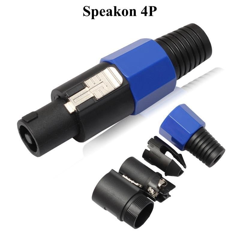 conector speakon 4 pini dezasamblat, componente individuale: corp, inel albastru, clema metalica si manson