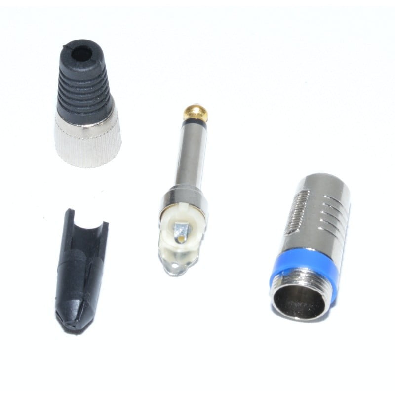 Conector jack 6.3mm mono tata dezasamblat in trei componente: corp, element interior si manseta