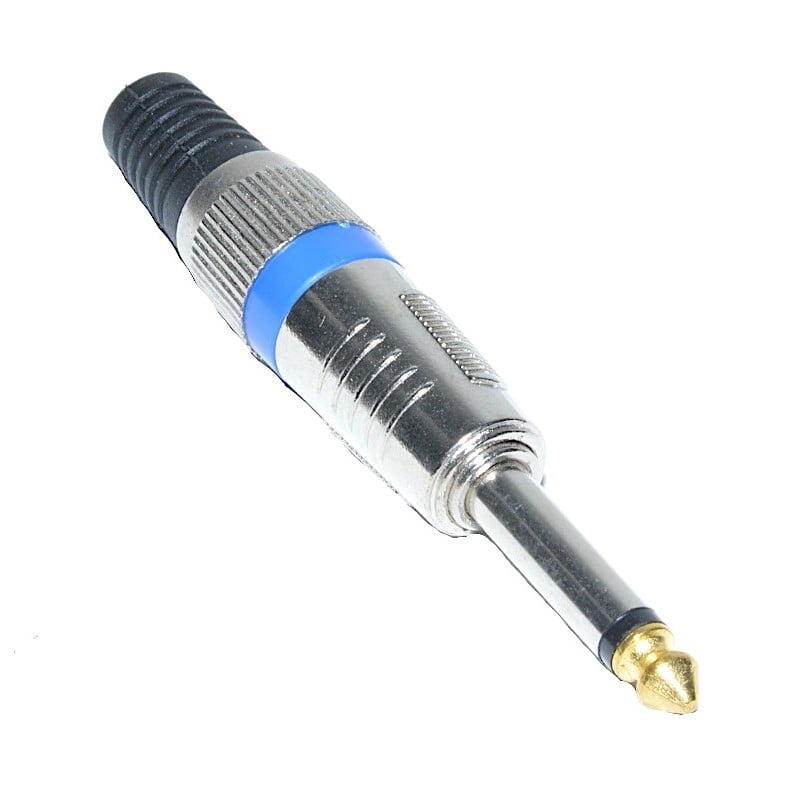 Mufa jack 6.3mm mono tata cu cap aurit si inel albastru de identificare, corp metalic nichelat