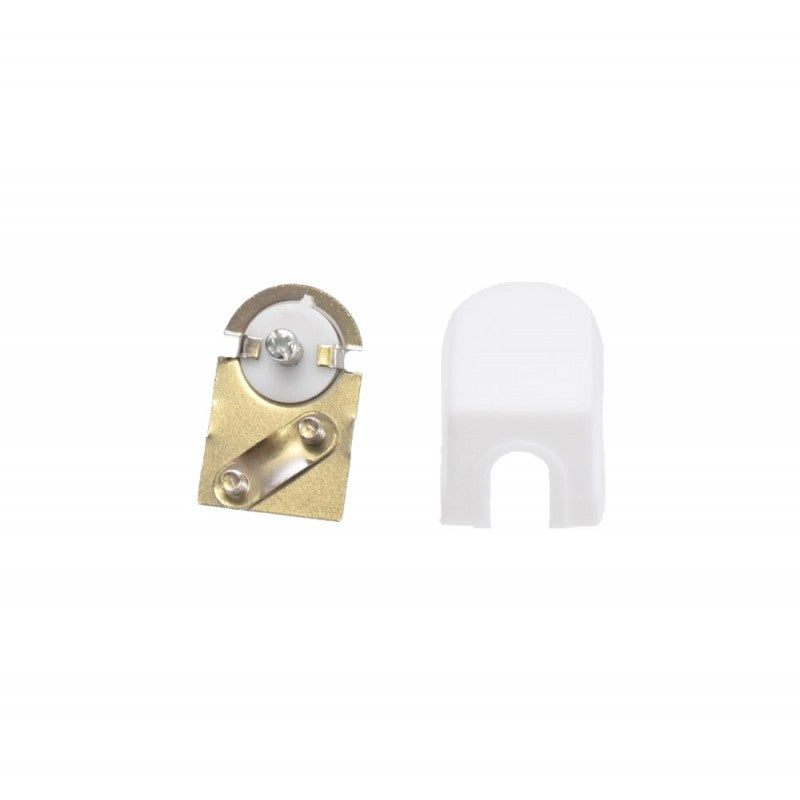 Mufa TV mama cot 90 grade, vedere spate cu placa metalica aurie si capac plastic alb