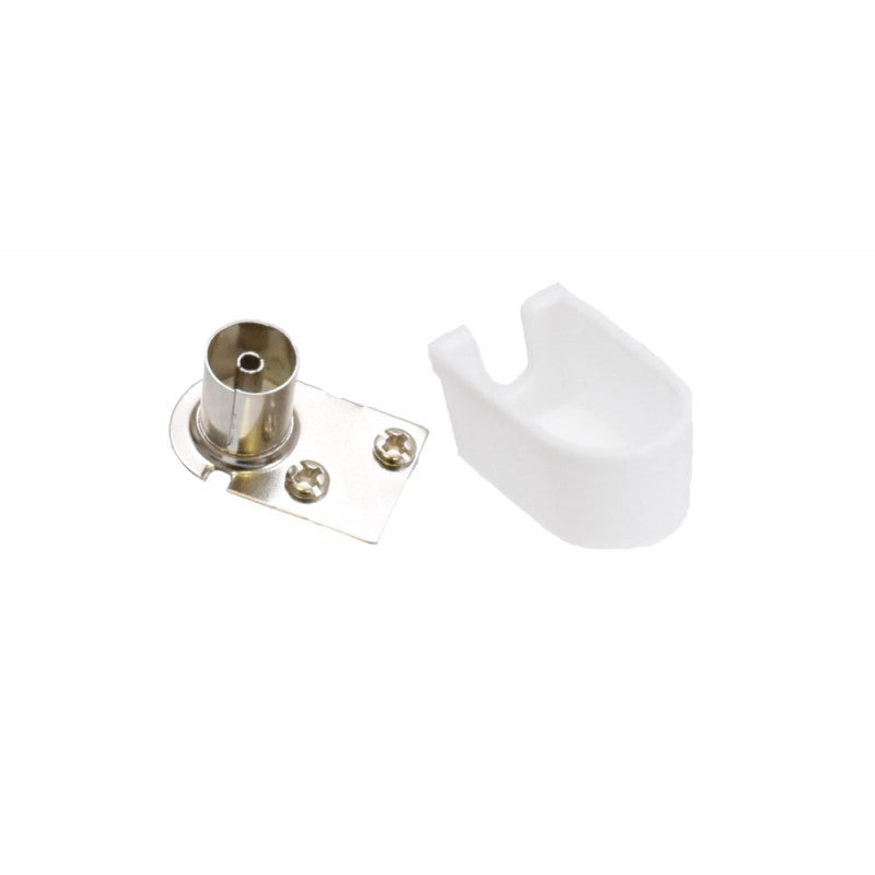 Mufa TV mama cot 90 grade demontata, cu element metalic si capac plastic alb separat