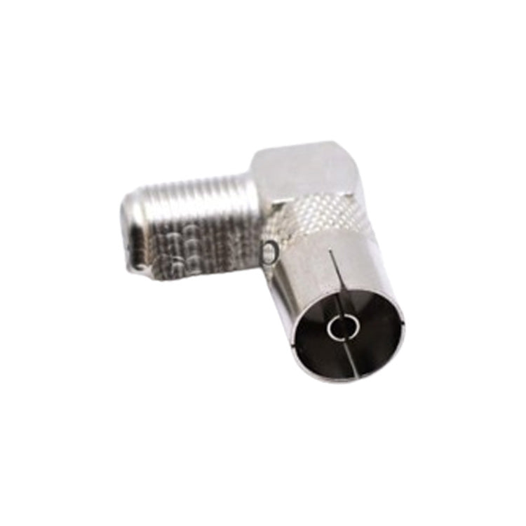 Adaptor mufa TV mama la F cot 90 grade, corp metalic nichelat, conector IEC si filet F