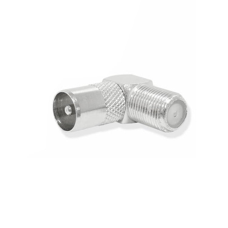 Adaptor mufa TV tata la F mama cot 90 grade, carcasa metalica, pentru cablu coaxial antena sau satelit