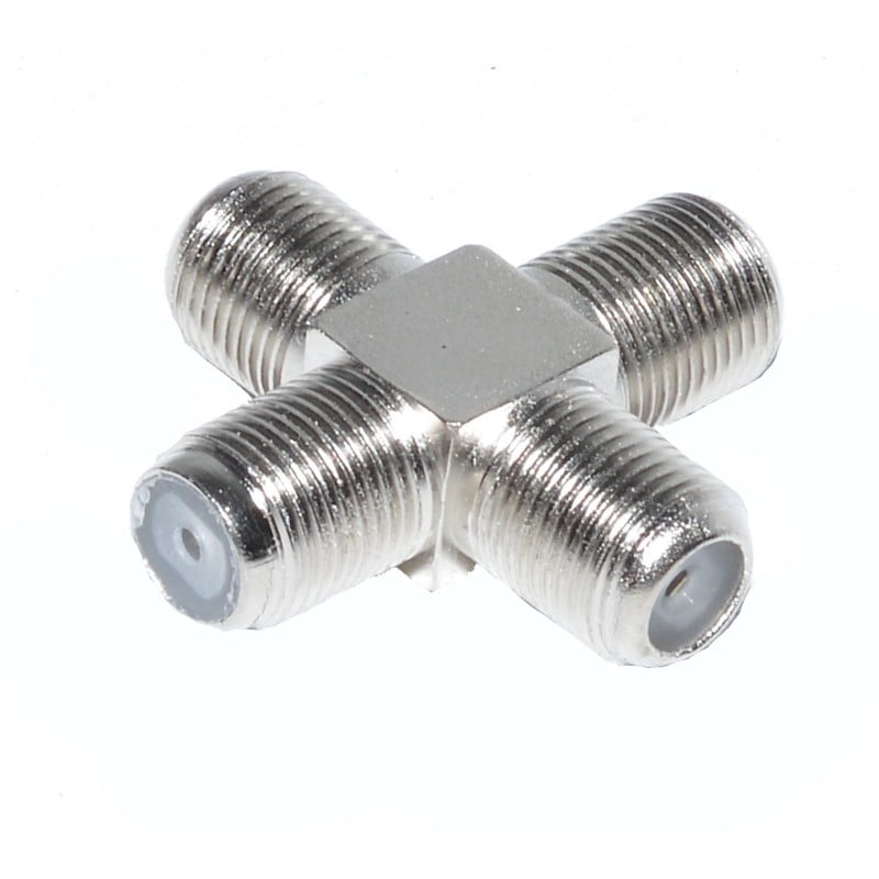 Mufa TV cruce F metalica nichelata, 4 porturi femela tip F, conector coaxial pentru antena sau satelit