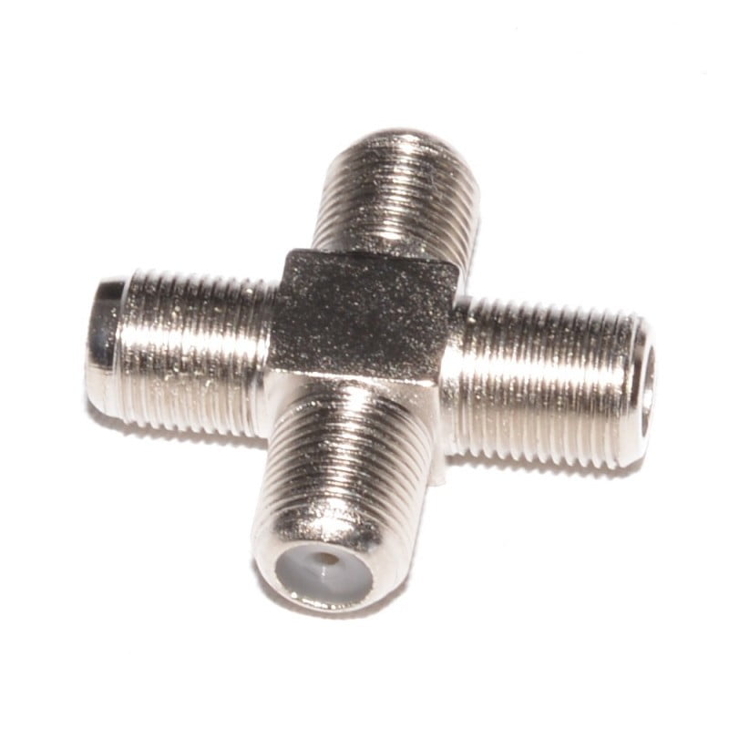Conector cruce F metalic nichelat, vedere laterala, 4 porturi coaxiale tip F