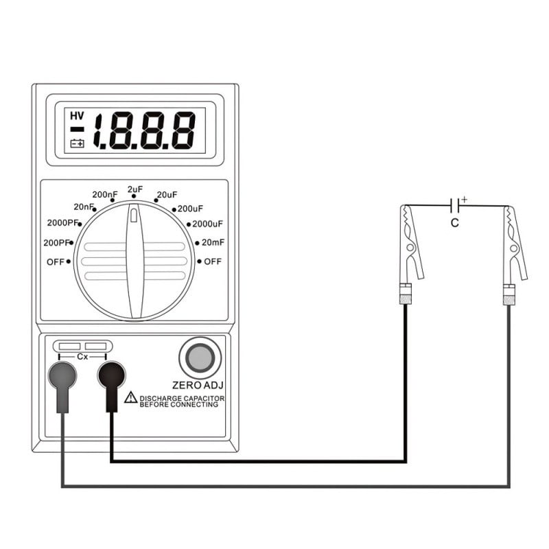 Schema conectare capacimetru digital la condensator prin sonde cu cleme, afisaj LCD activ