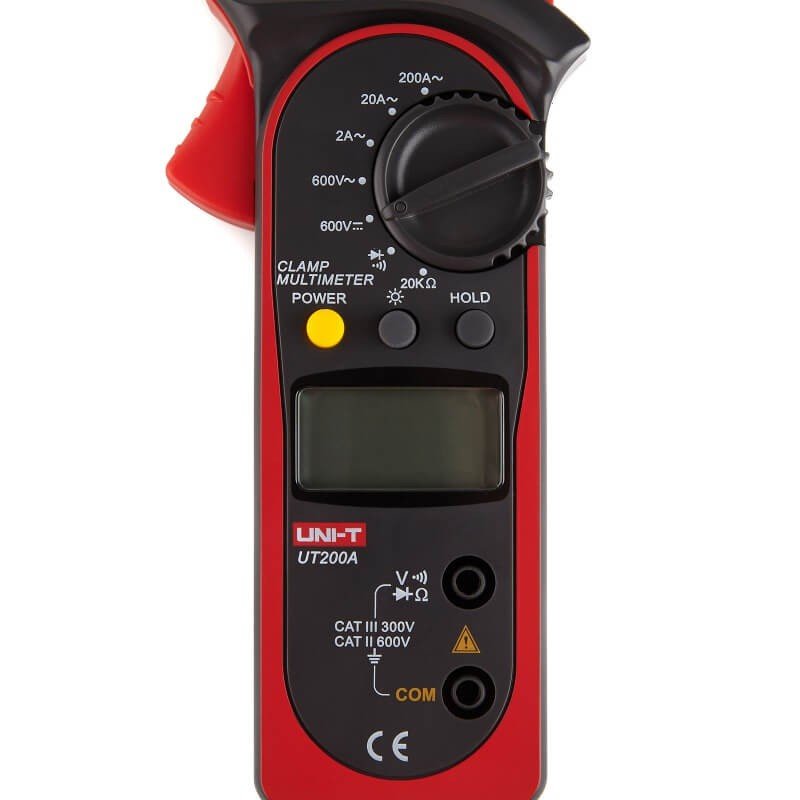 Clampmetru 200A, panou frontal cu selector rotativ, butoane HOLD si display LCD