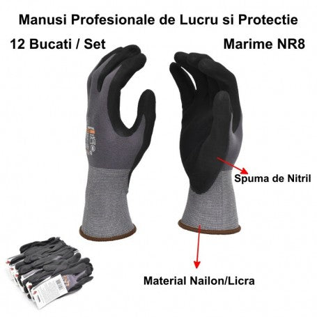 Manusi profesionale cu nitril NR8, set 12 perechi, palma si degete acoperite cu spuma nitril