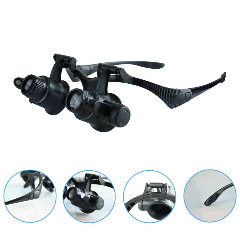 Ochelari lupa cu LED, vedere laterala si detalii constructive: lentila, brat flexibil, buton LED